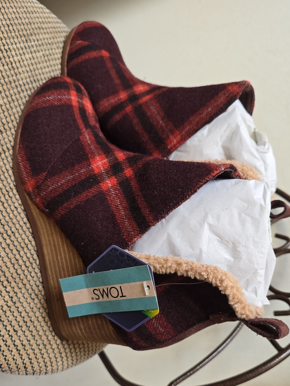 TOMS Burgundy and Red Plaid Faux-Shearling Ankle Boots